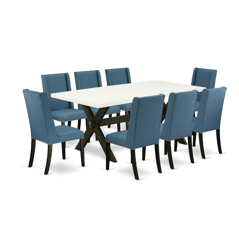 East West Furniture X627FL121-9 9-Piece Stylish Rectangular Dining Room Table Set a Great Cement Color Kitchen Rectangular Table Top and 8 Beautiful Linen Fabric Parson Dining Room Chairs with Nail He. Picture 1