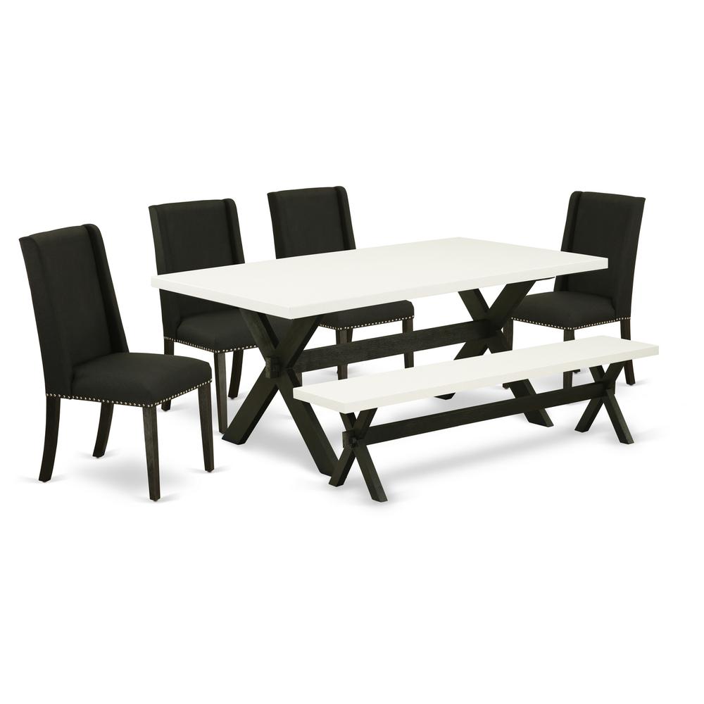 East West Furniture 6-Piece -Black Linen Fabric Seat and High Stylish Chair Back Kitchen chairs, A Rectangular Bench and Rectangular Top Wood Dining Table with Hardwood Legs - Linen White and Wire bru. Picture 1