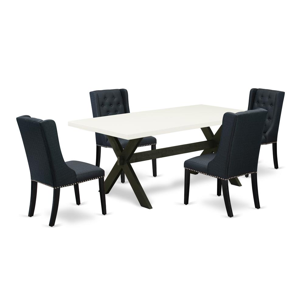 East West Furniture X627FO624-5 - 5 Piece Dining Room Set Includes 4 Black Linen Fabric Padded Chair with Button Tufted and Linen White Dining Room Table - Wire Brush Black Finish. Picture 1