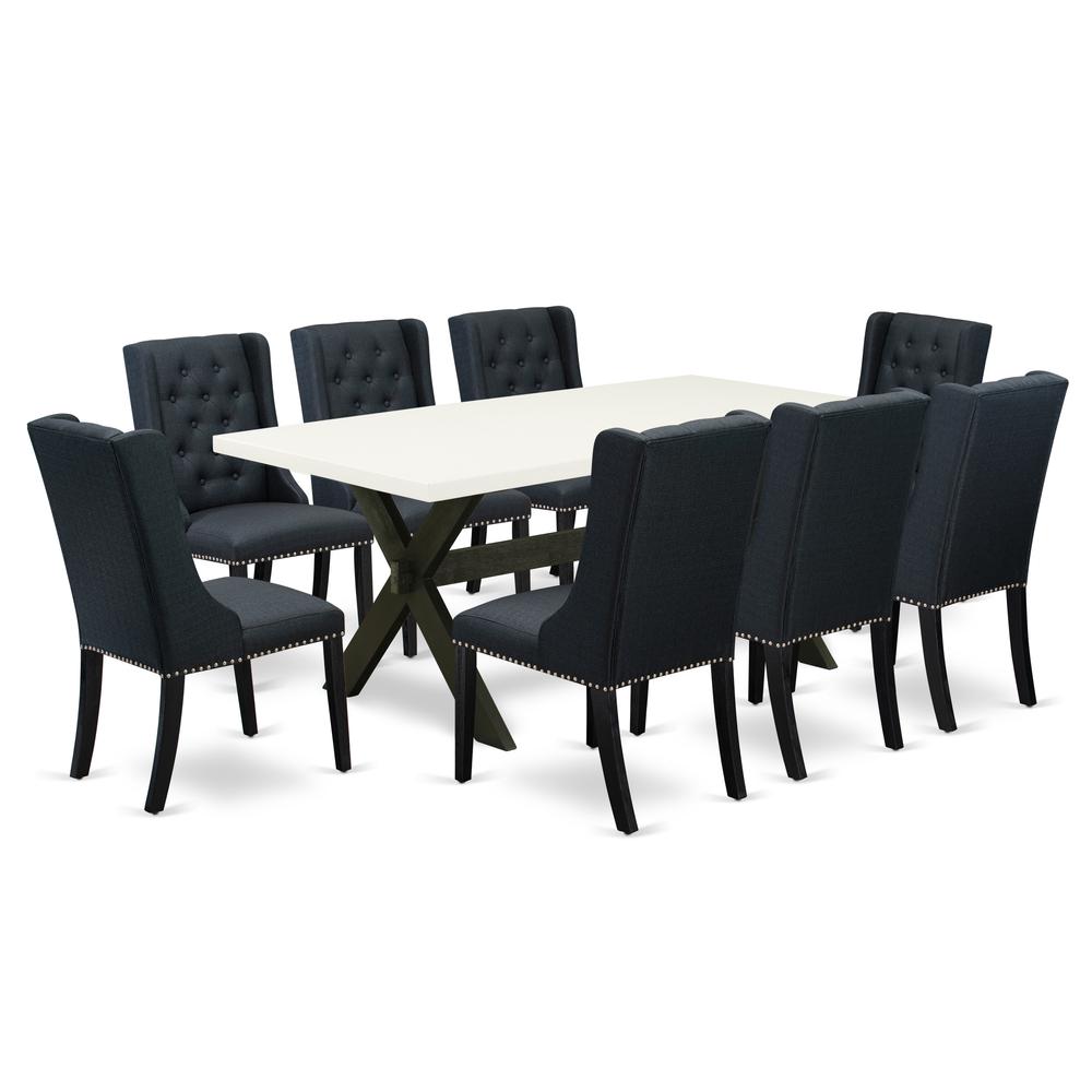 East West Furniture X627FO624-9 9 Piece Dining Set - 8 Black Linen Fabric Dining Chair Button Tufted with Nail heads and Linen White Mid Century Dining Table - Wire Brush Black Finish. Picture 1