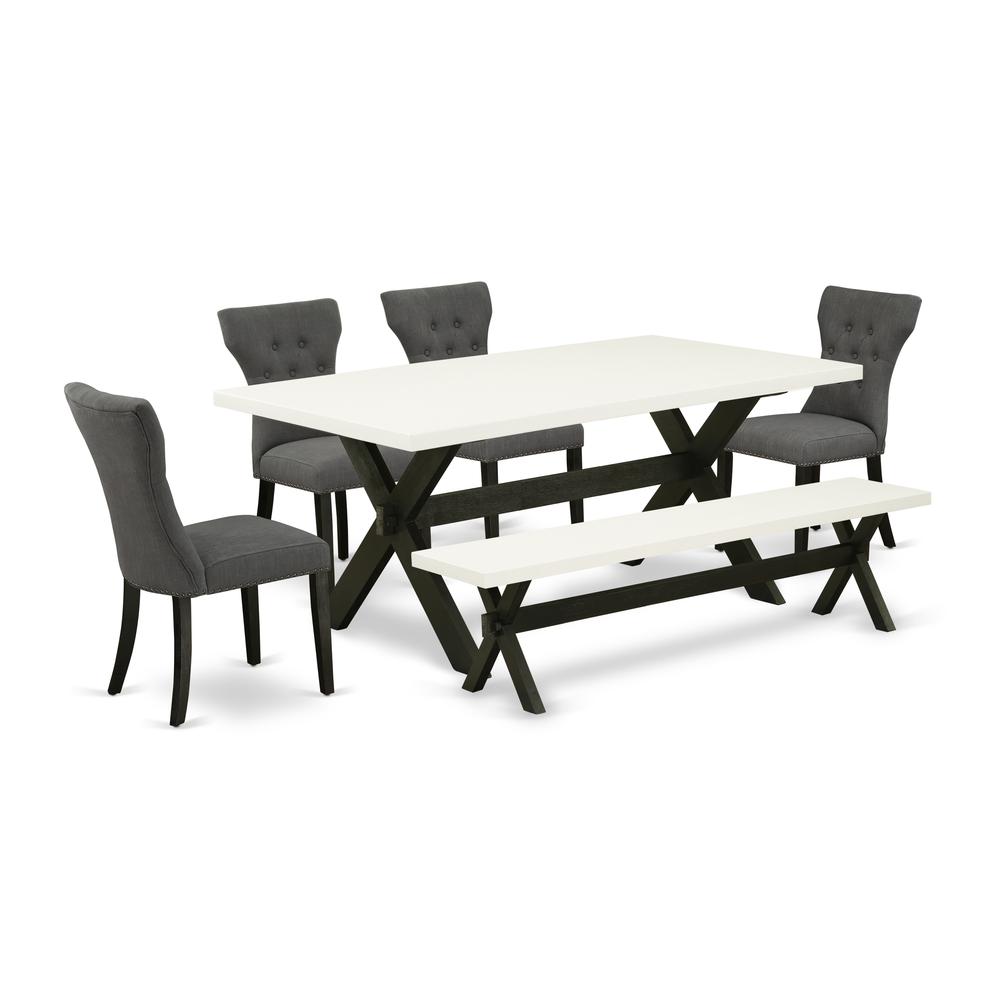East West Furniture 6-Pc Dinette Set-Dark Gotham Grey Linen Fabric Seat and Button Tufted Chair Back Kitchen chairs, A Rectangular Bench and Rectangular Top Dining Table with Wood Legs - Linen White a. Picture 1