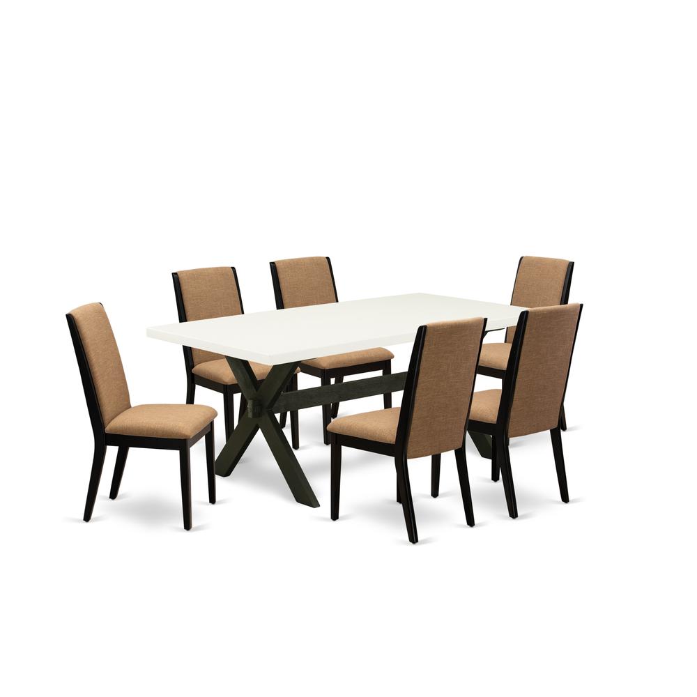 East West Furniture X627LA147-7 7-Piece Awesome Dining Table Set a Superb Linen White Wood Dining Table Top and 6 Stunning Linen Fabric Parson Chairs with Stylish Chair Back, Wire Brushed Black Finish. Picture 1