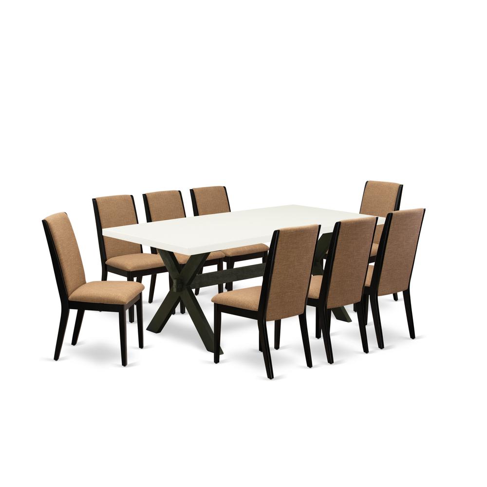 East West Furniture X627LA147-9 9-Piece Modern kitchen table set an Excellent Linen White Kitchen Table Top and 8 Excellent Linen Fabric Dining Chairs with Stylish Chair Back, Wire Brushed Black Finis. Picture 1