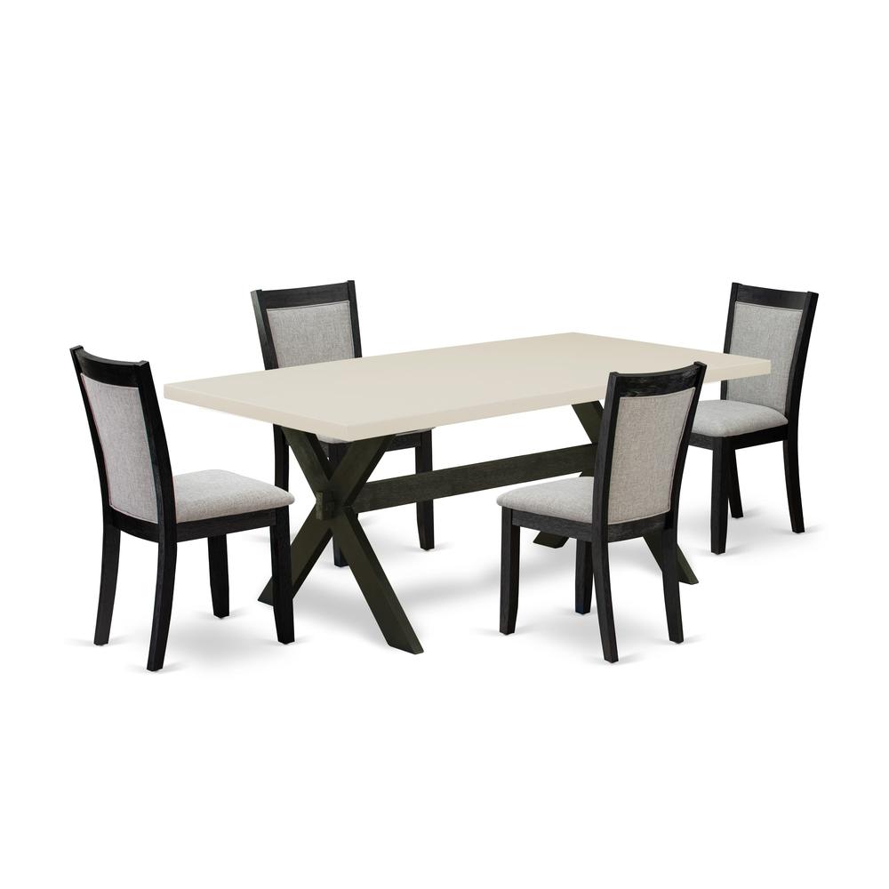 East West Furniture 5 Piece Dining Set - Linen White Top Wood Dining Table with Trestle Base and 4 Shitake Linen Fabric Parson Chairs - Wire Brushed Black Finish. Picture 2