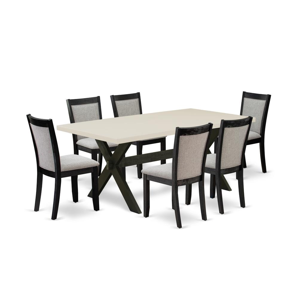 East West Furniture 7 Piece Table Set - Linen White Top Wooden Table with Trestle Base and 6 Shitake Linen Fabric Kitchen Chairs - Wire Brushed Black Finish. Picture 2