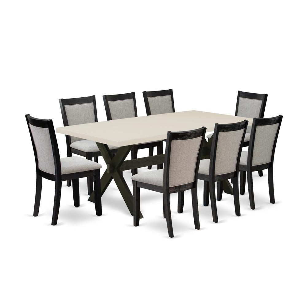 East West Furniture 9 Piece Table Set - A Linen White Top Mid Century Dining Table with Trestle Base and 8 Shitake Linen Fabric Upholstered Dining Chairs - Wire Brushed Black Finish. Picture 2