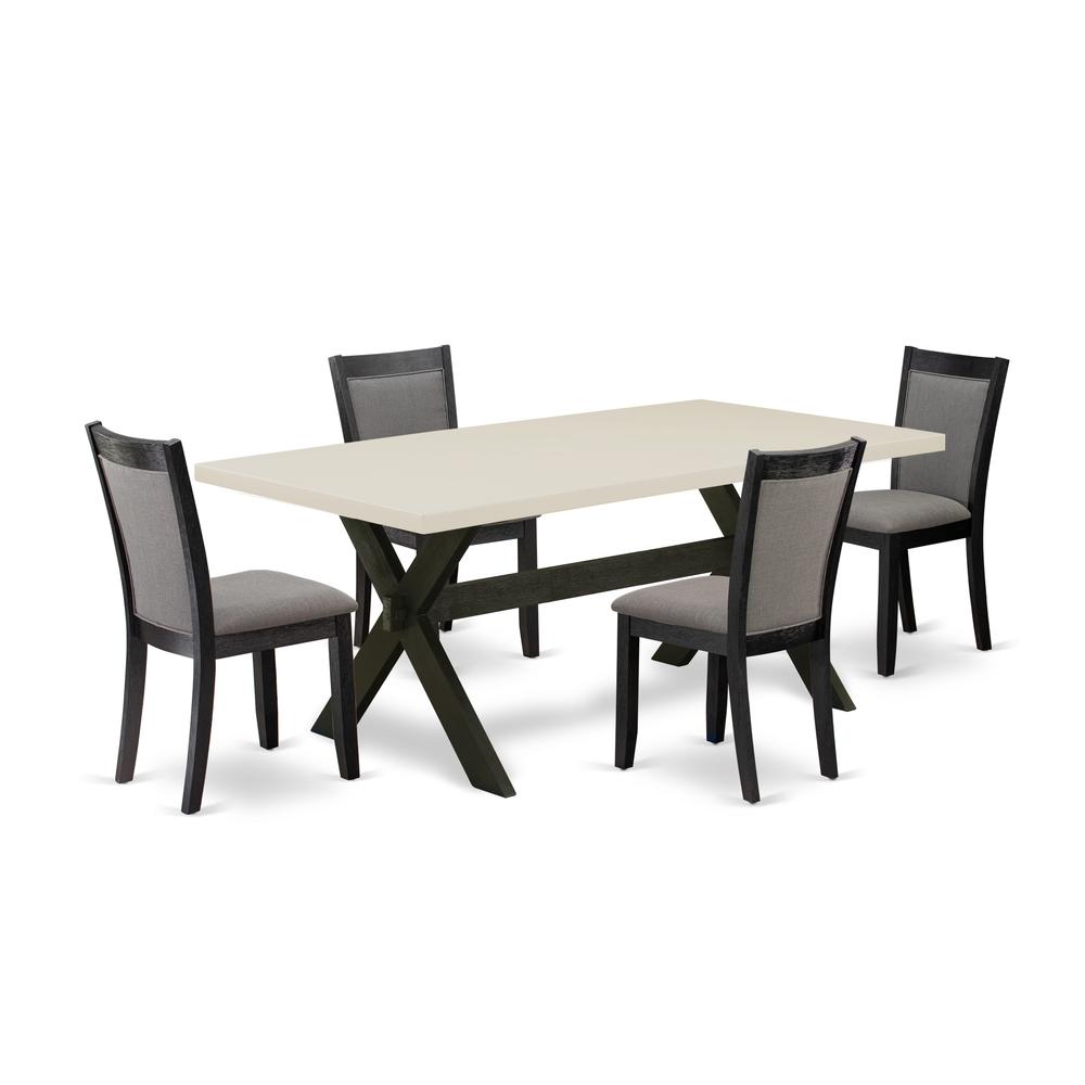 East West Furniture 5 Pc Dinner Table Set - Linen White Top Mid Century Dining Table with Trestle Base and 4 Dark Gotham Grey Linen Fabric Modern Dining Chairs - Wire Brushed Black Finish. Picture 2