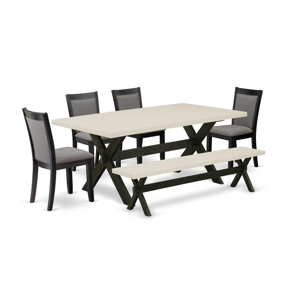 East West Furniture 6 Pc Table Set - Linen White Top Dinner Table with a Wood Bench and 4 Dark Gotham Grey Linen Fabric Upholstered Dining Chairs - Wire Brushed Black Finish. Picture 2