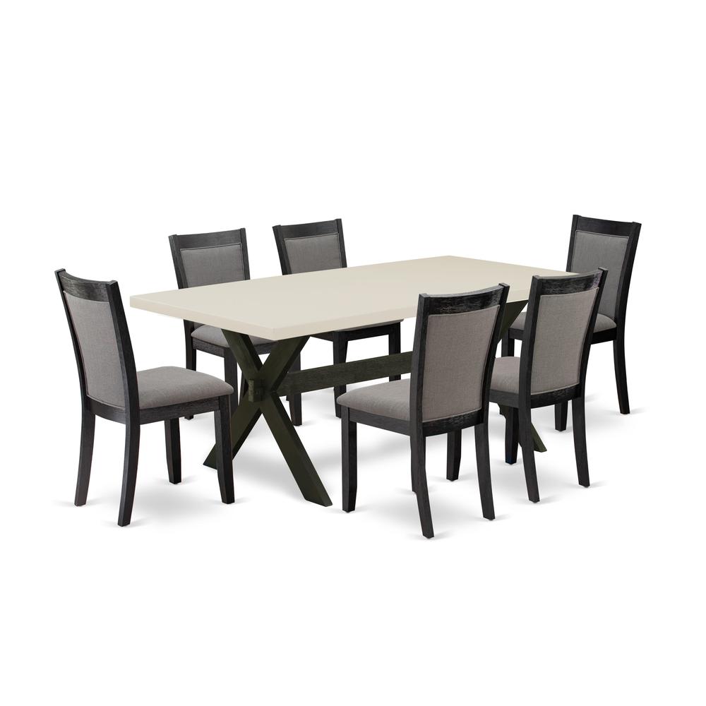 East West Furniture 7 Piece Kitchen Table Set - Linen White Top Mid Century Dining Table with Trestle Base and 6 Dark Gotham Grey Linen Fabric Dining Chairs - Wire Brushed Black Finish. Picture 2