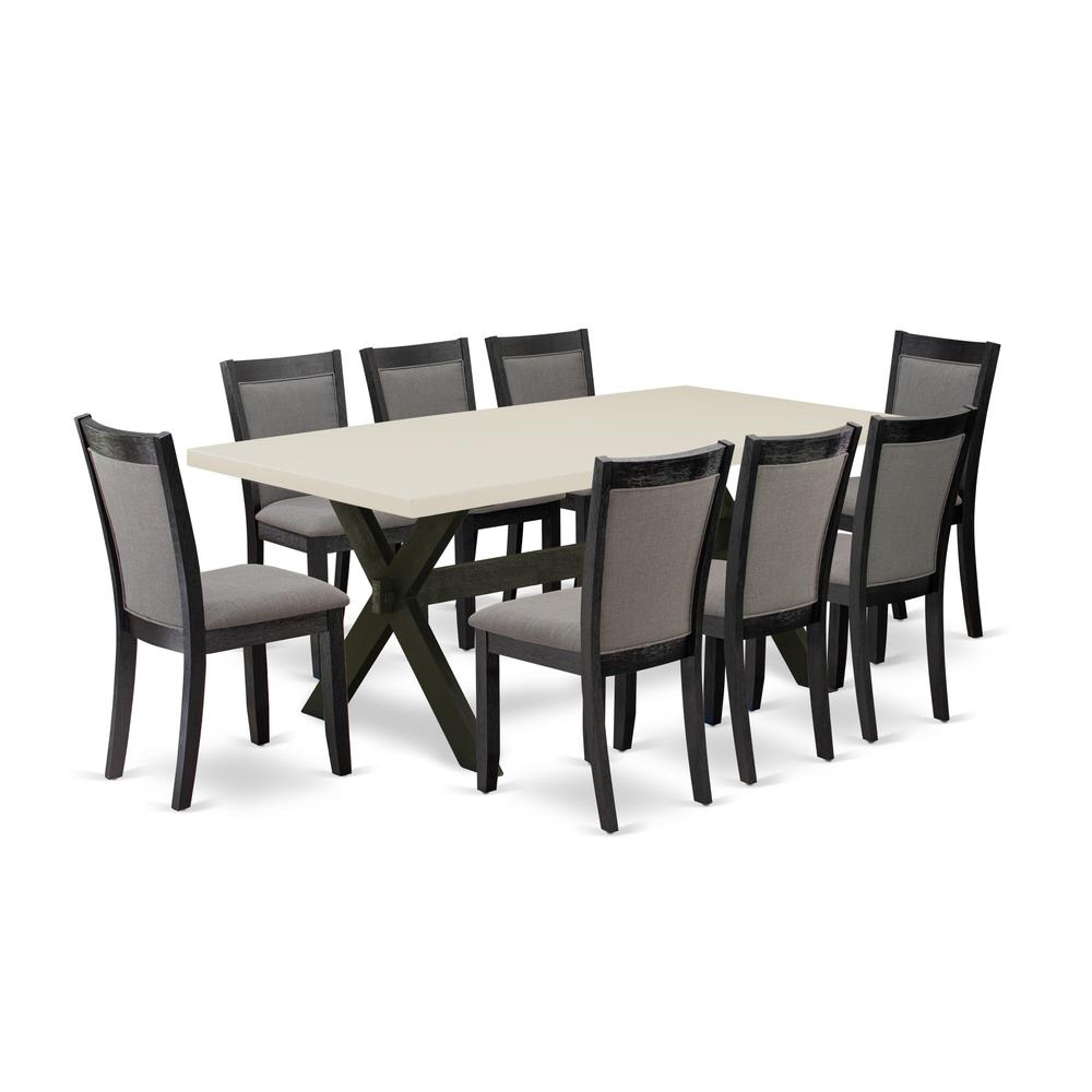 East West Furniture 9 Piece Dinner Table Set - A Linen White Top Dining Room Table with Trestle Base and 8 Dark Gotham Grey Linen Fabric Modern Dining Chairs - Wire Brushed Black Finish. Picture 2
