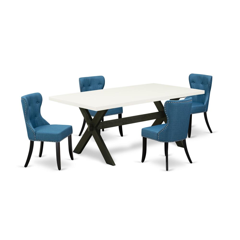 East West Furniture X627SI121-5 5-Pc Dinette Set- 4 Upholstered Dining Chairs with Blue Linen Fabric Seat and Button Tufted Chair Back - Rectangular Table Top & Wooden Cross Legs - Linen White and Bla. The main picture.