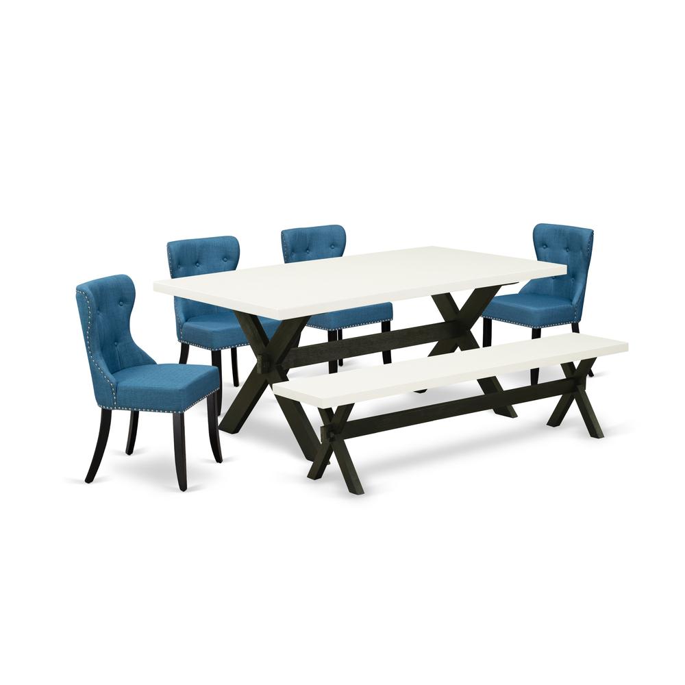 East West Furniture X627SI121-6 6-Piece Dining Room Table Set- 4 Padded Parson Chairs with Blue Linen Fabric Seat and Button Tufted Chair Back - Rectangular Top & Wooden Cross Legs Dining Room Table a. Picture 1