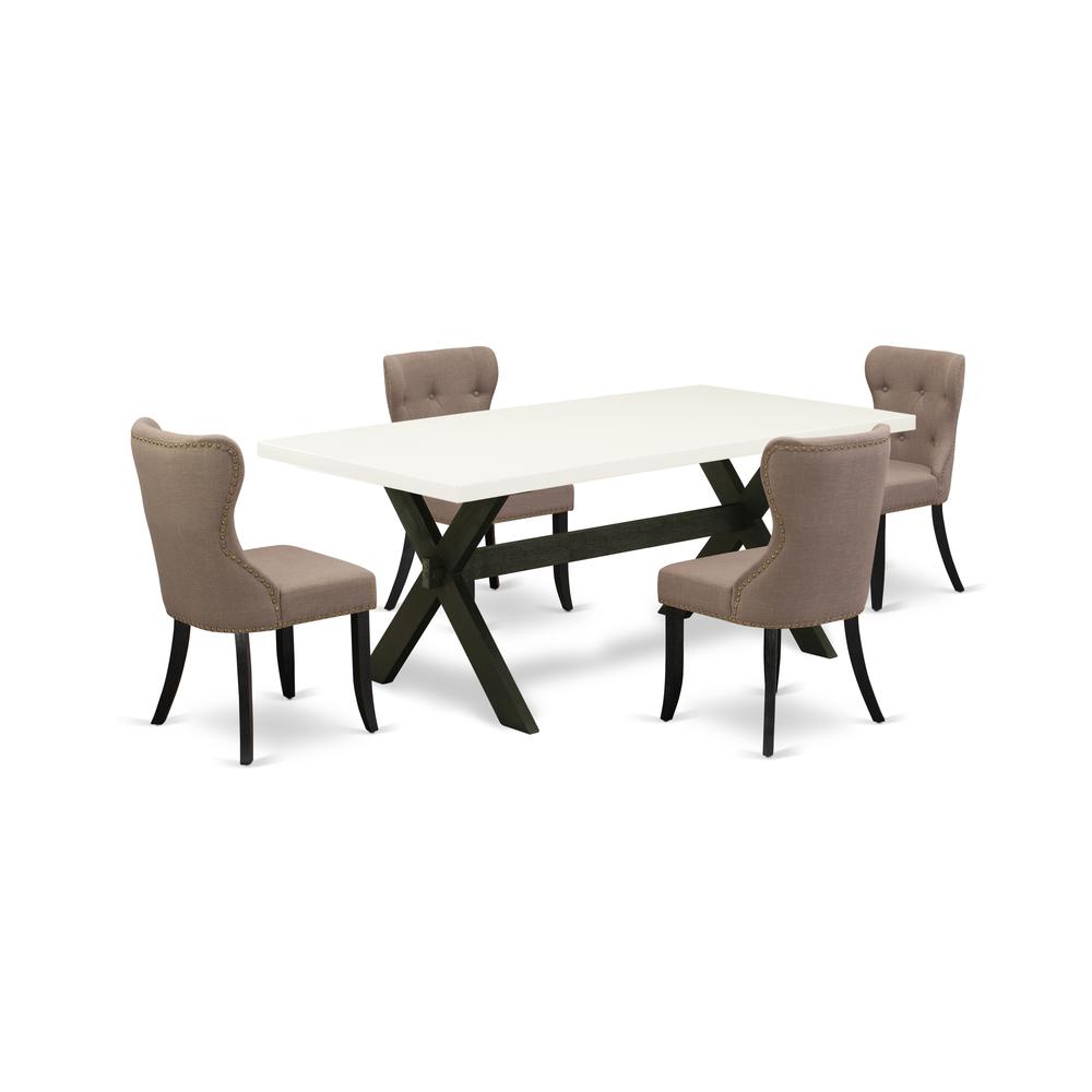 East West Furniture 5-Pc Wood Dining Table Set-Coffee Linen Fabric Seat and Button Tufted Back Kitchen Chairs and Rectangular Top Dining Table with Wood Legs - Linen White and Wirebrushed Black Finish. Picture 1