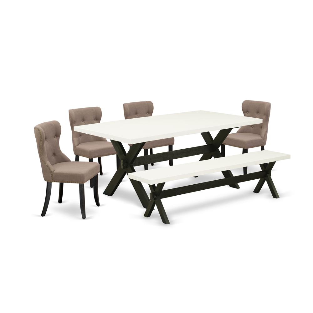 East West Furniture 6-Pc Mid Century Dining Table Set-Coffee Linen Fabric Seat and Button Tufted Back Parson Chairs and Rectangular Top Dinette Table and Wooden Bench with Wooden Legs - Linen White an. Picture 1