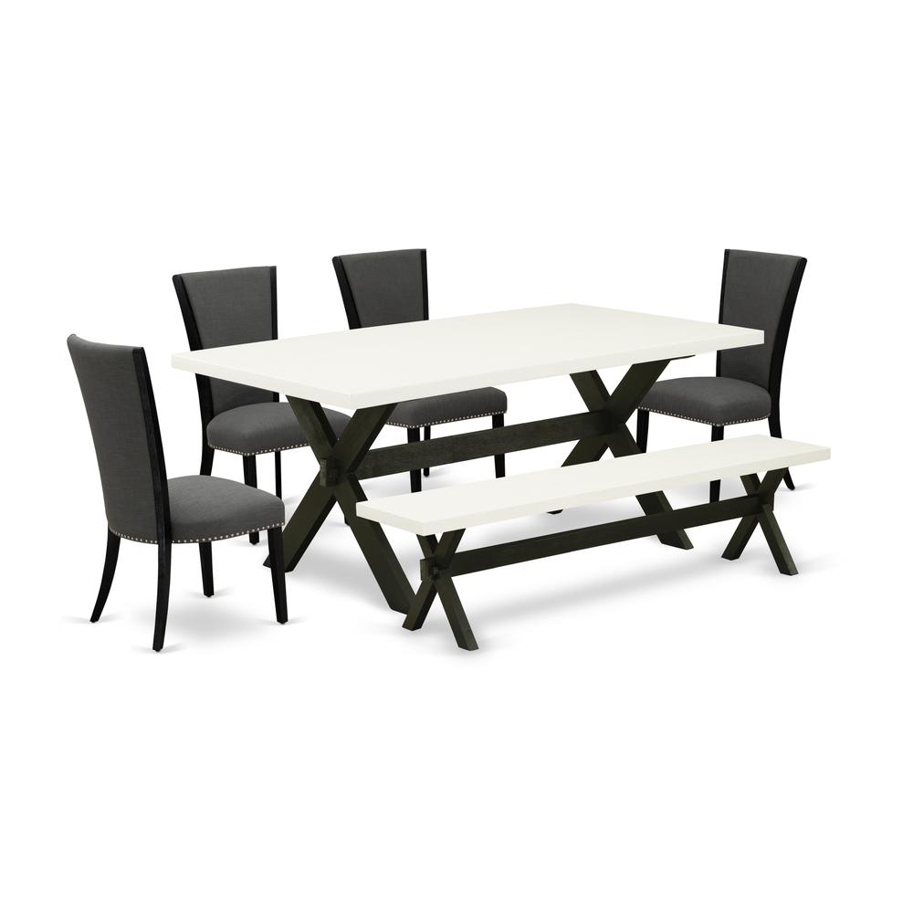 East West Furniture X627VE650-6 6 Piece Mid Century Dining Set - 4 Dark Gotham Grey Linen Fabric Upholstered Dining Chairs with Nailheads and Linen White Dinner Table - 1 Kitchen Bench - Black Finish. Picture 1