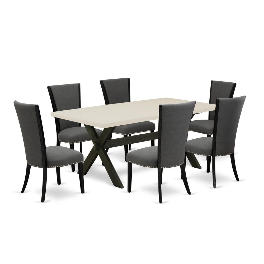 East West Furniture 7 Pc Modern Dining Set Consists of a Linen White Wooden Dining Table and 6 Dark Gotham Grey Linen Fabric Upholstered Chairs with High Back - Wire Brushed Black Finish. Picture 2