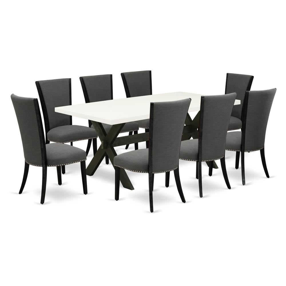East West Furniture X627VE650-9 9Pc Dining Set Offers a Dining Room Table and 8 Parsons Dining Room Chairs with Dark Gotham Grey Color Linen Fabric, Medium Size Table with Full Back Chairs, Wirebrushe. Picture 1