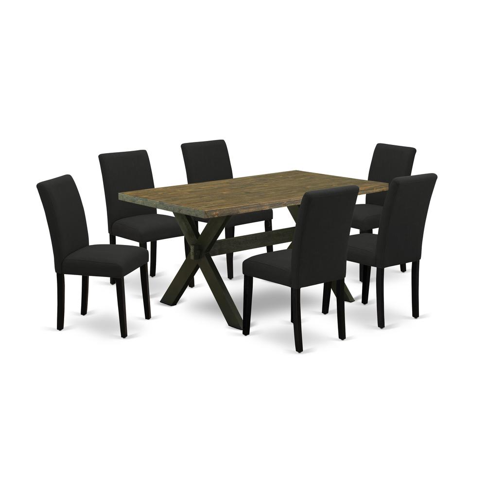 East West Furniture 7-Pc kitchen dining table set Includes 6 Dining Chairs with Upholstered Seat and High Back and a Rectangular Dinner Table - Black Finish. Picture 1