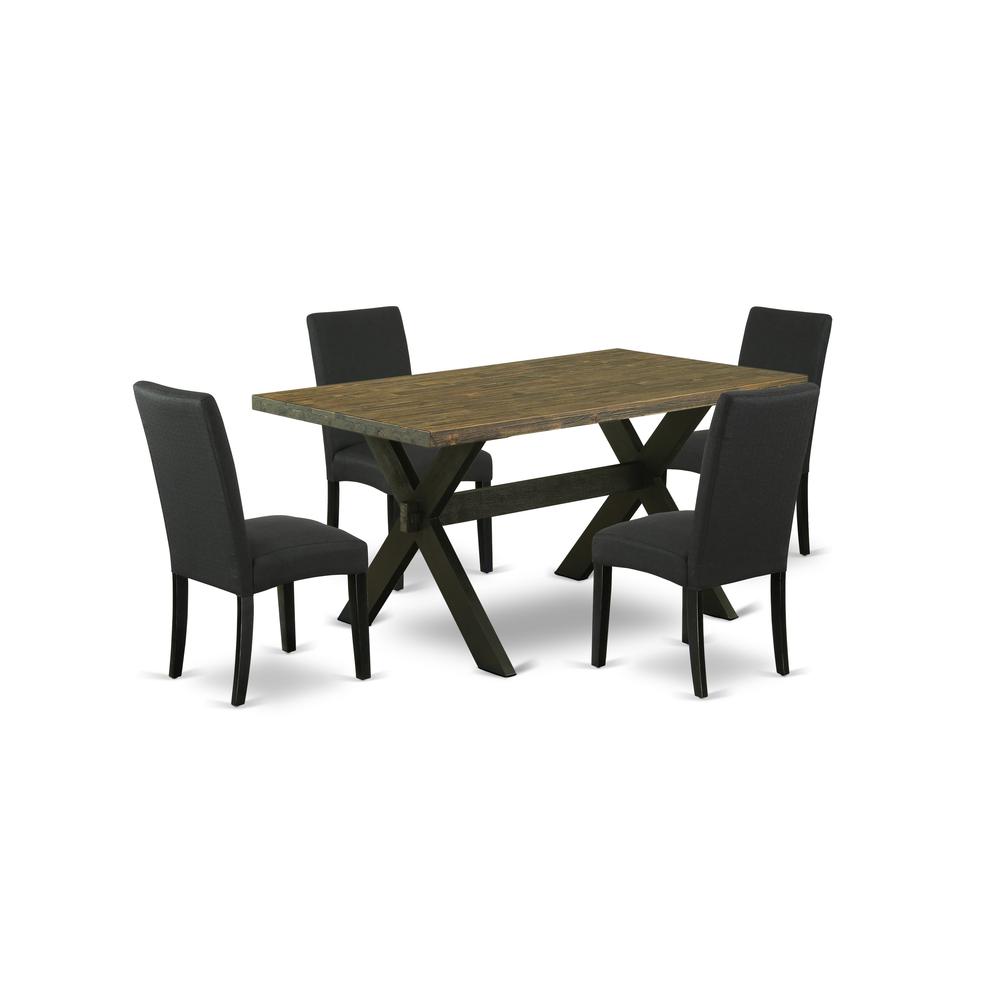 East West Furniture X676DR124-5 5-Piece Dining Room Table Set- 4 Mid Century Dining Chairs with Black Linen Fabric Seat and Stylish Chair Back - Rectangular Table Top & Wooden Cross Legs - Distressed. The main picture.