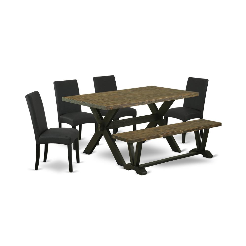 East West Furniture X676DR124-6 6-Piece Dining Table Set- 4 Kitchen Chairs with Black Linen Fabric Seat and Stylish Chair Back - Rectangular Top & Wooden Cross Legs Wood Kitchen Table and Wood Bench -. Picture 1