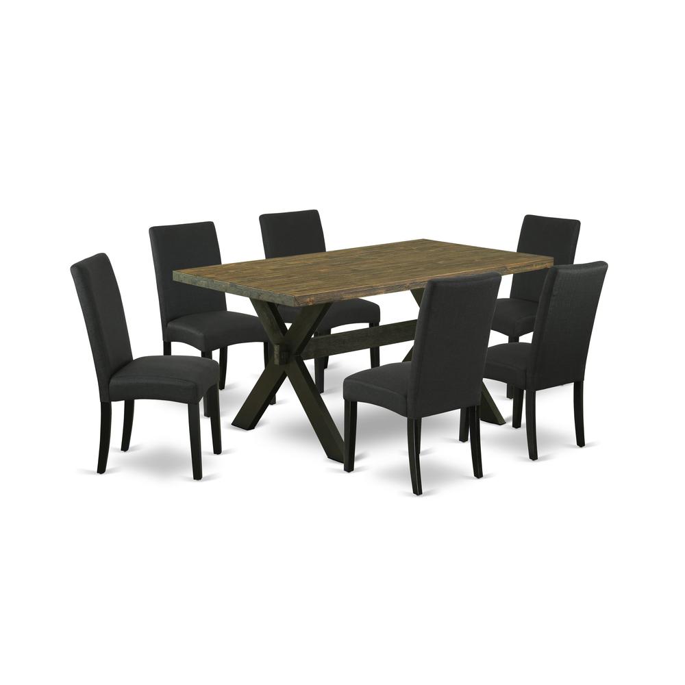 East West Furniture X676DR124-7 7-Pc Modern Dining Table Set- 6 Dining Padded Chairs with Black Linen Fabric Seat and Stylish Chair Back - Rectangular Table Top & Wooden Cross Legs - Distressed Jacobe. Picture 1
