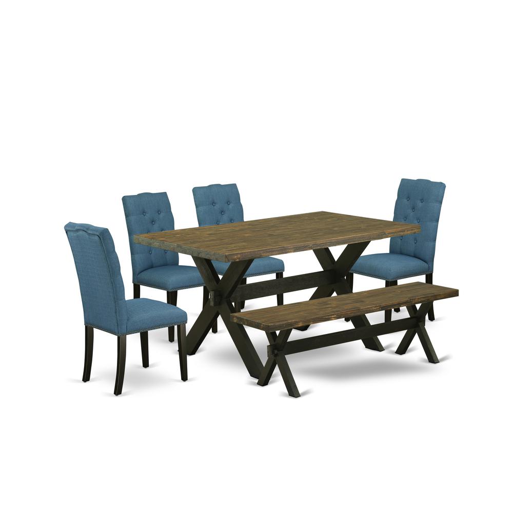 East West Furniture X676EL121-6 6-Piece Awesome Dining Room Set an Excellent Distressed Jacobean Rectangular Dining Table Top and Distressed Jacobean Bench and 4 Amazing Linen Fabric Parson Dining Cha. Picture 1