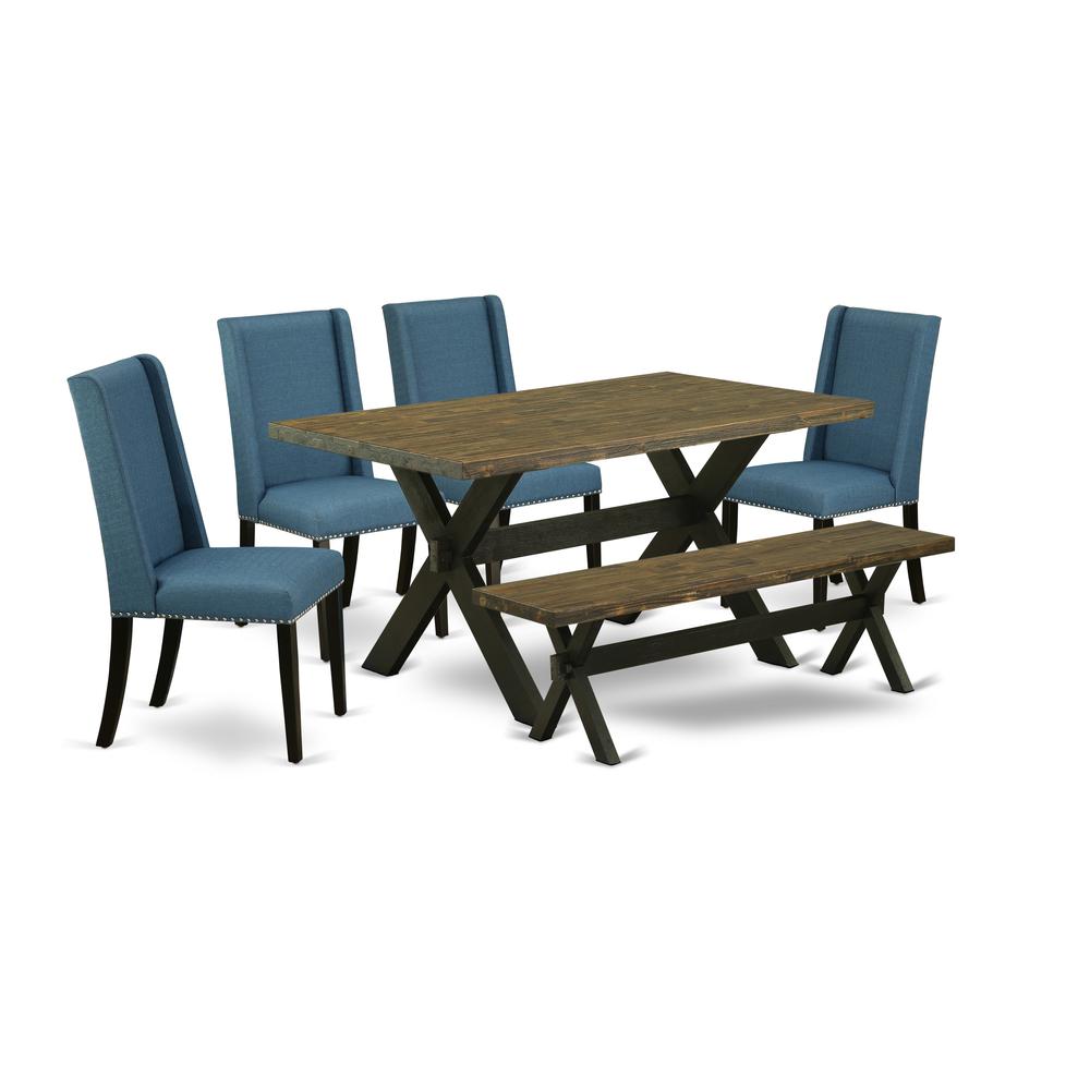 East West Furniture X676FL121-6 6-Piece Awesome kitchen table set an Outstanding Distressed Jacobean Kitchen Rectangular Table Top and Distressed Jacobean Wood Bench and 4 Excellent Linen Fabric Kitch. Picture 1