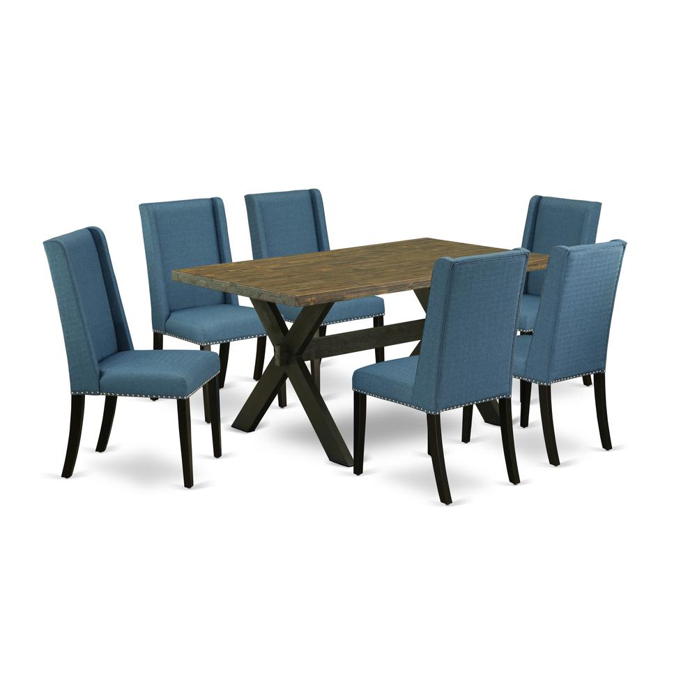 East West Furniture X676FL121-7 7-Piece Beautiful an Excellent Distressed Jacobean Rectangular Dining Table Top and 6 Amazing Linen Fabric Dining Chairs with Nail Heads and Stylish Chair Back, Wire Br. Picture 1