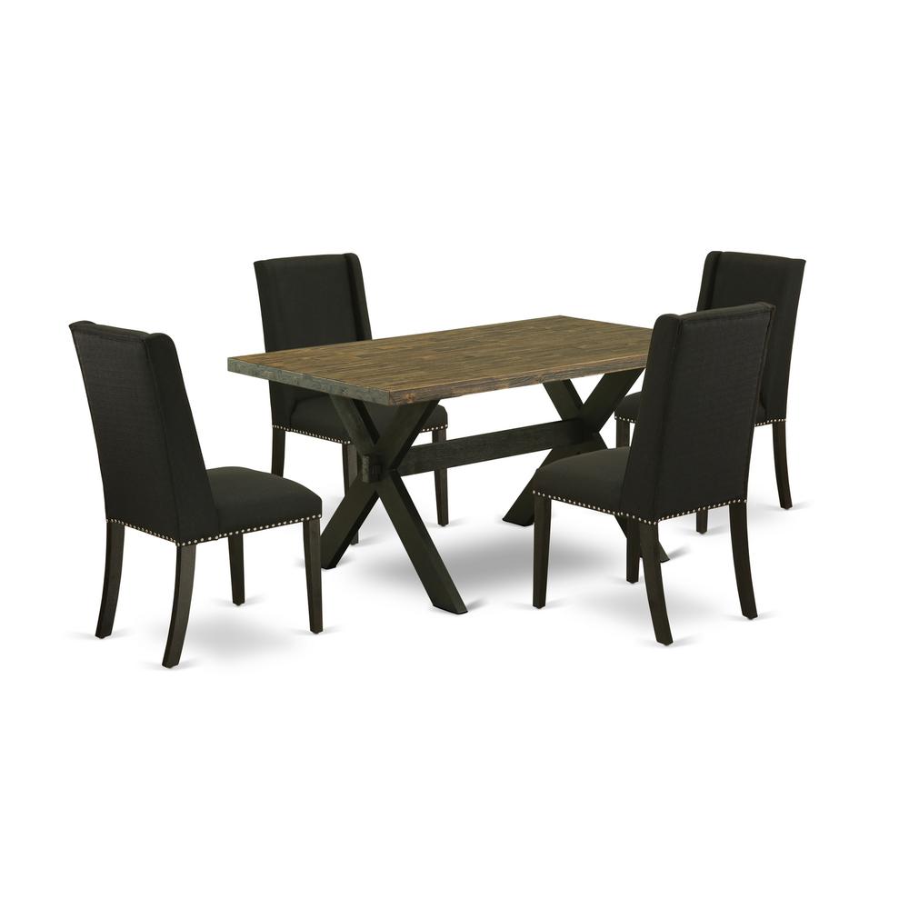 East West Furniture 5-Piece Dining Set Included 4 Dining Chair Upholstered Nail Head Seat and Stylish Chair Back and Rectangular Kitchen Dining Table with Distressed Jacobean Dining Table Top - Black. Picture 1