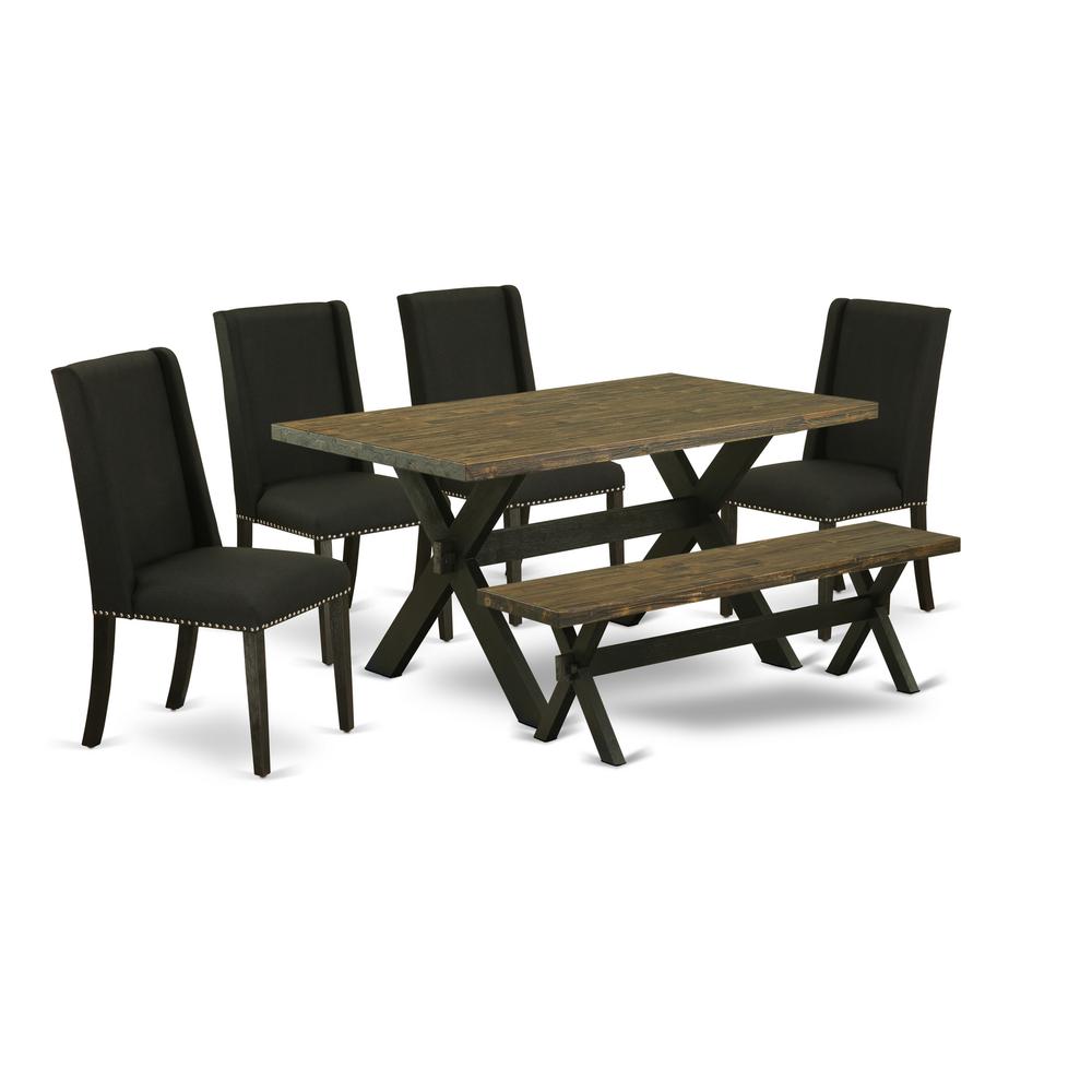 East West Furniture 6-Pc Dining Table Set-Black Linen Fabric Seat and High Stylish Chair Back Dining room chairs, A Rectangular Bench and Rectangular Top Modern Dining Table with Hardwood Legs - Distr. Picture 1