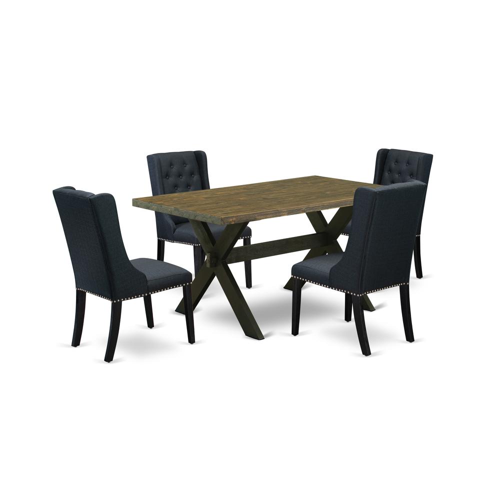 East West Furniture X676FO624-5 5 Pc Dining Room Table Set Consists of 4 Black Linen Fabric Dining Chairs with Nailheads and Distressed Jacobean Dining Table - Wire Brush Black Finish. Picture 1