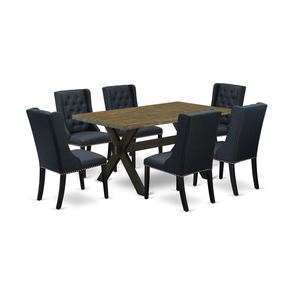 East West Furniture X676FO624-7 7 Piece Dining Set - 6 Black Parson Chairs Button Tufted with Nail heads and Distressed Jacobean Rectangular Table - Wire Brush Black Finish. Picture 1