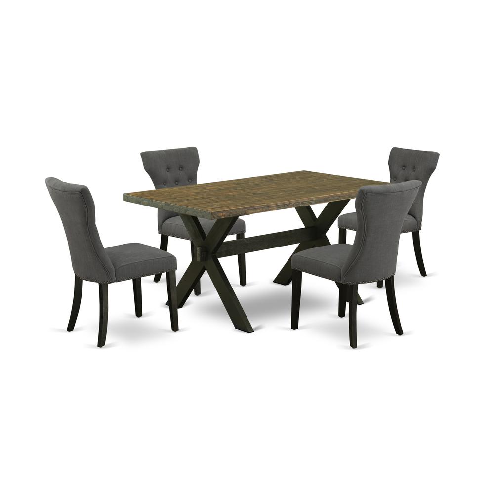 East West Furniture 5-Piece Kitchen Dinette Set Included 4 Parson chairs Upholstered Seat and High Button Tufted Chair Back and Rectangular Dining Table with Distressed Jacobean Dining room Table Top. The main picture.