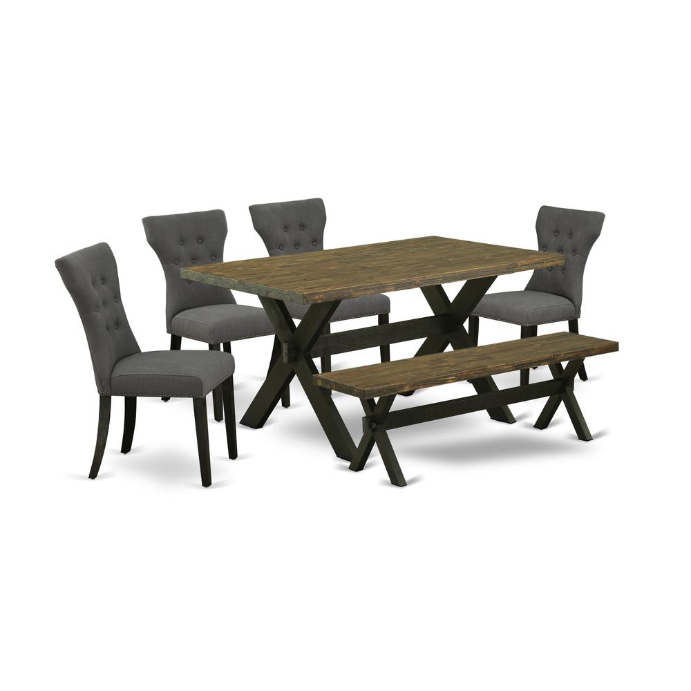 East West Furniture 6-Pc Table Dining Set-Dark Gotham Grey Linen Fabric Seat and Button Tufted Chair Back Parson Dining room chairs, A Rectangular Bench and Rectangular Top Kitchen Table with Solid Wo. Picture 1