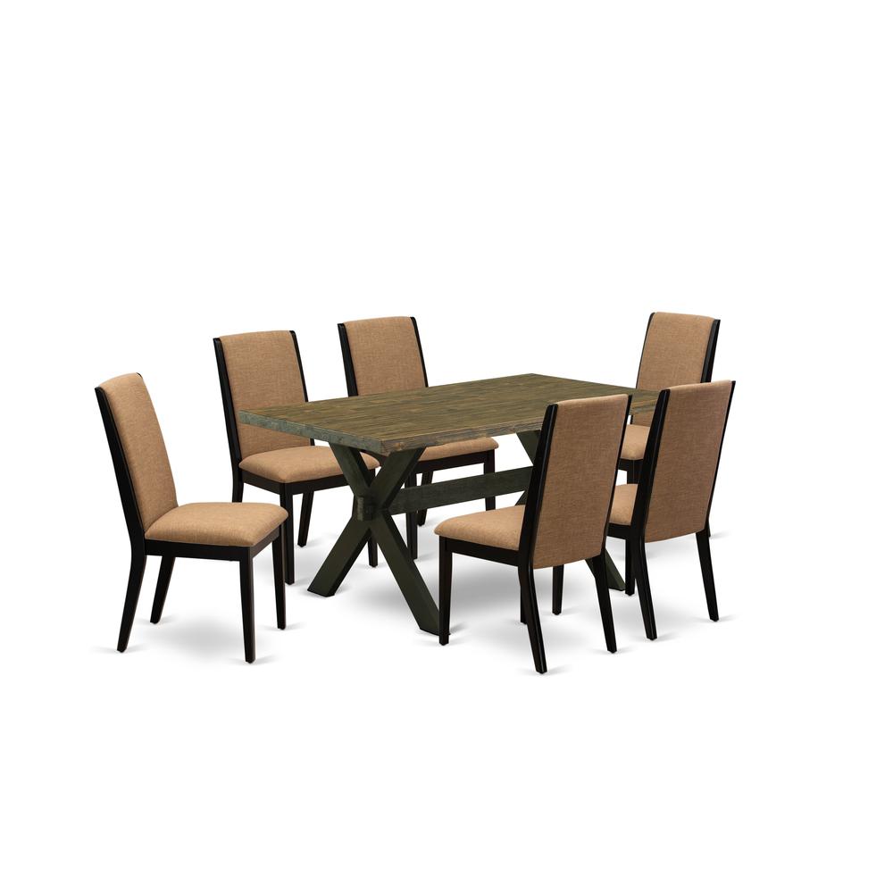 East West Furniture X676LA147-7 7-Piece Beautiful Dining Set an Outstanding Distressed Jacobean Dining Table Top and 6 Stunning Linen Fabric Kitchen Chairs with Stylish Chair Back, Wire Brushed Black. Picture 1