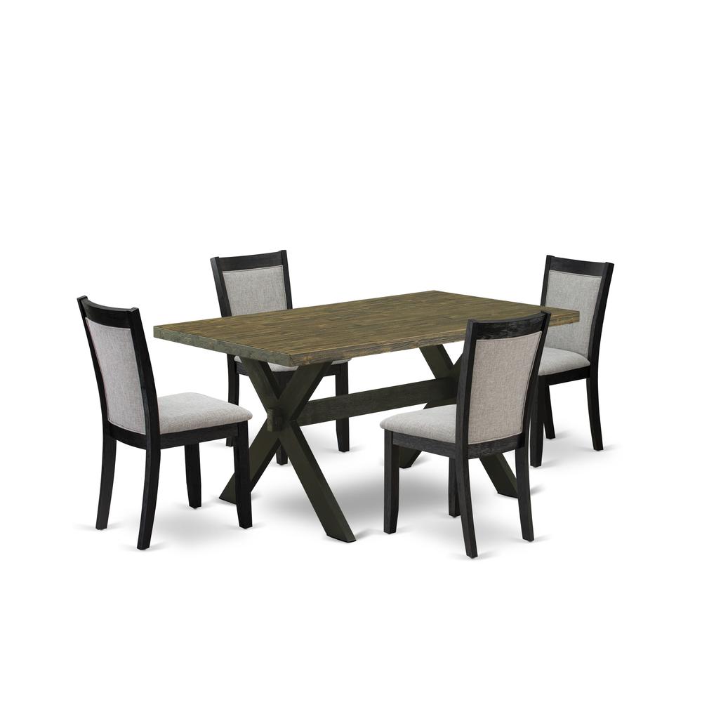 X676MZ606-5 5 Piece Dinette Set - Distressed Jacobean Table with 4 Shitake Linen Fabric Kitchen Chairs - Wire Brushed Black Finish. Picture 2