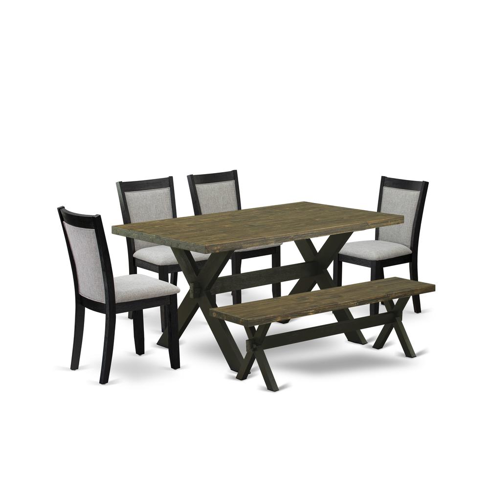 X676MZ606-6 6 Pc Dining Room Table Set - Distressed Jacobean Table with a Bench and 4 Shitake Chairs - Wire Brushed Black Finish. Picture 2