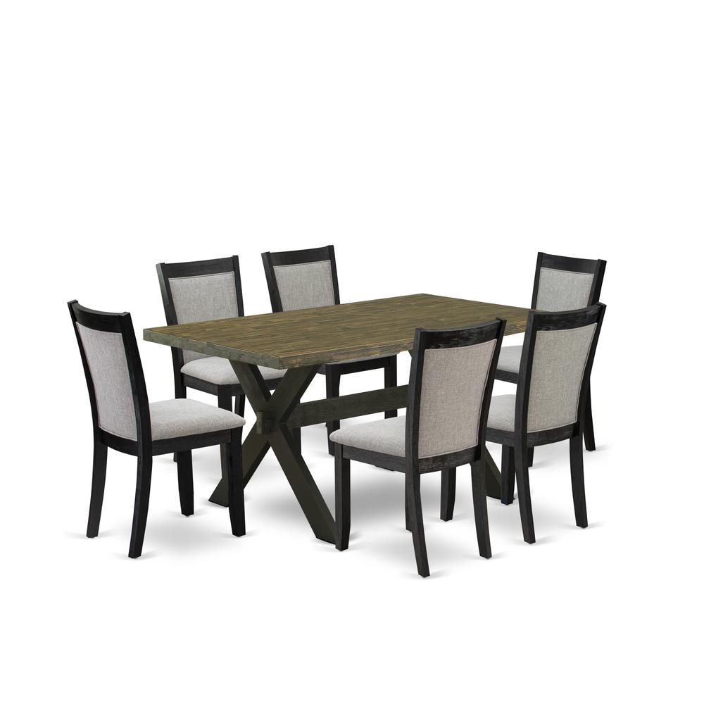 X676MZ606-7 7 Pc Dinette Set - Distressed Jacobean Wood Dining Table with 6 Shitake Parson Chairs - Wire Brushed Black Finish. Picture 2