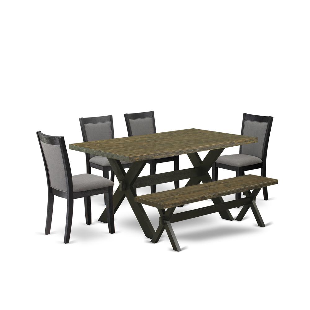 X676MZ650-6 6 Pc Dinette Set - Distressed Jacobean Table with a Bench and 4 Dark Gotham Grey Chairs - Wire Brushed Black Finish. Picture 2