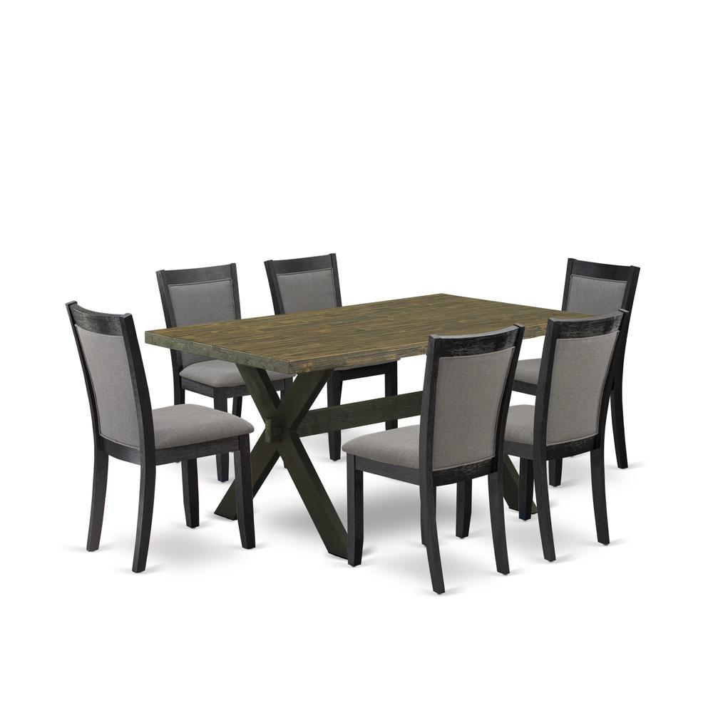 X676MZ650-7 7 Pc Dinette Set - Distressed Jacobean Kitchen Table with 6 Dark Gotham Grey Dining Chairs - Wire Brushed Black Finish. Picture 2