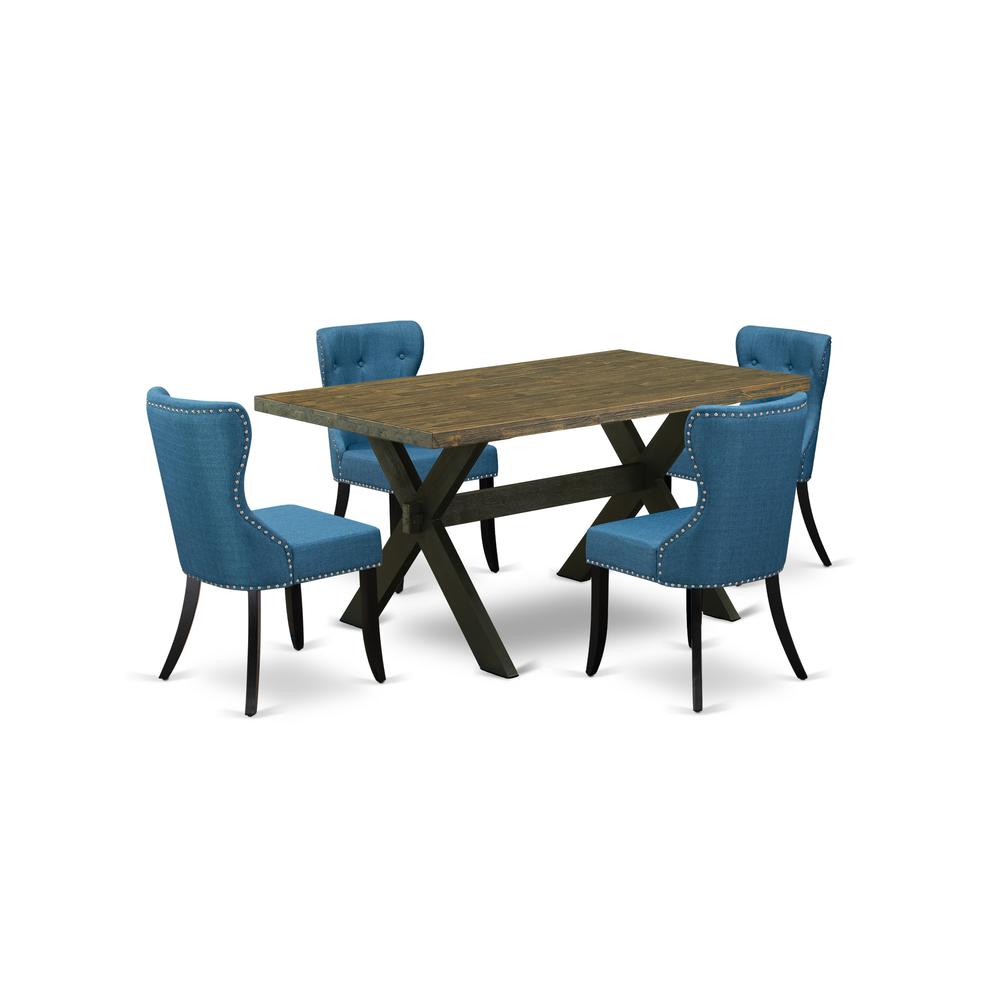 East West Furniture X676SI121-5 5-Piece Dining Set- 4 Parson Dining Room Chairs with Blue Linen Fabric Seat and Button Tufted Chair Back - Rectangular Table Top & Wooden Cross Legs - Distressed Jacobe. Picture 1