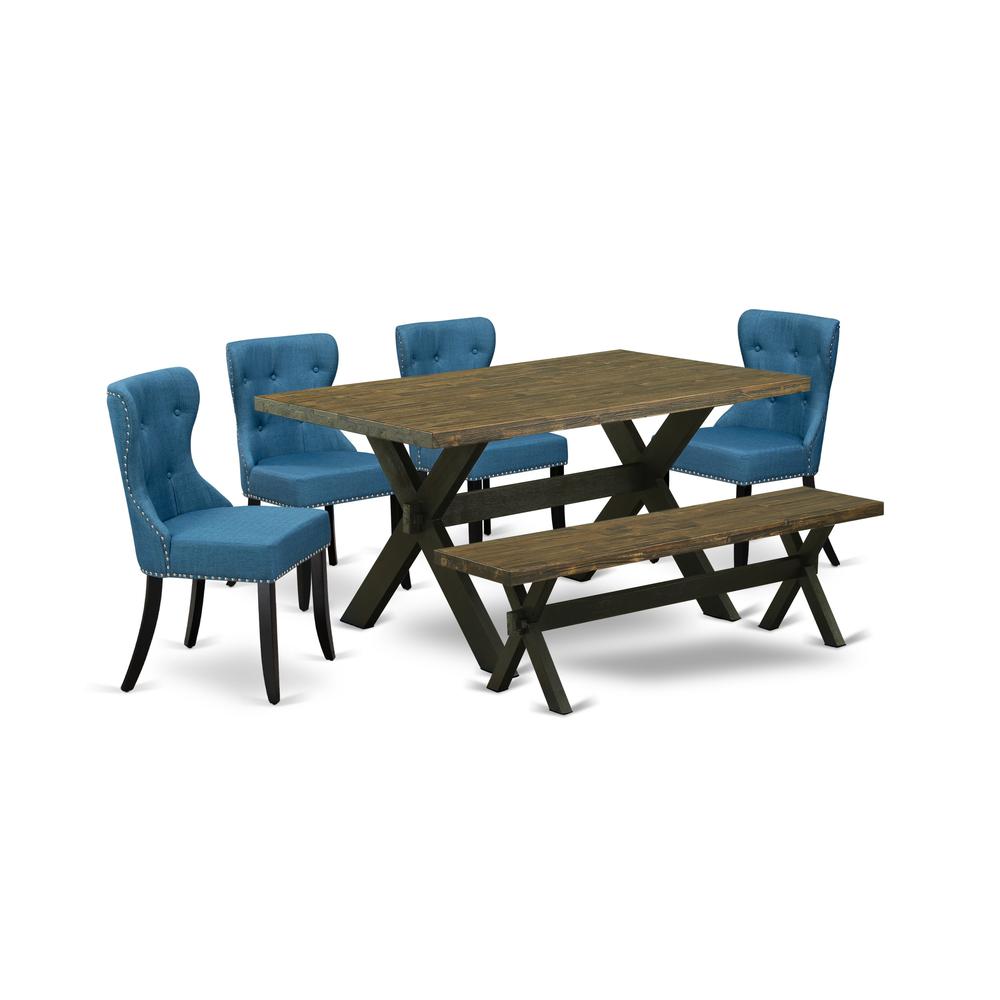 East West Furniture X676SI121-6 6-Pc Modern Dining Table Set- 4 Padded Parson Chairs with Blue Linen Fabric Seat and Button Tufted Chair Back - Rectangular Top & Wooden Cross Legs Modern Dining Table. Picture 1