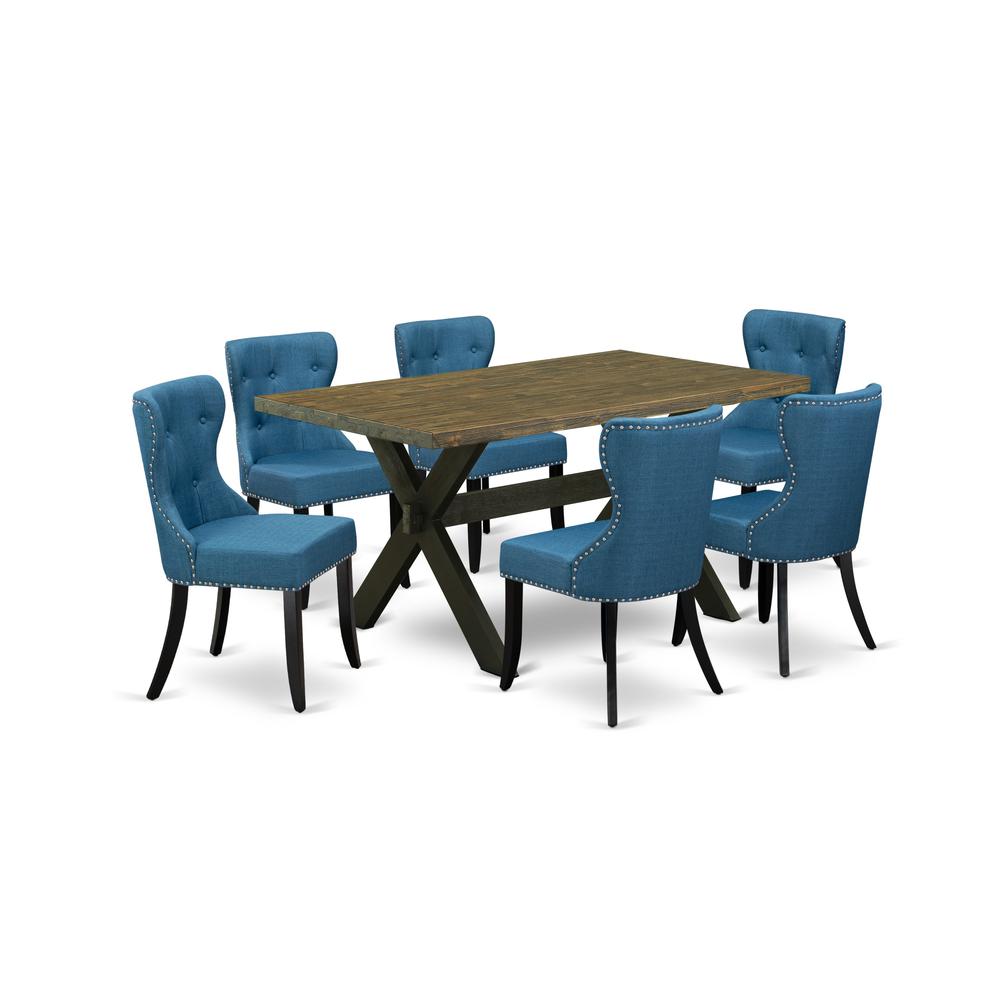East West Furniture X676SI121-7 7-Pc Kitchen Dining Set- 6 padded parson chairs with Blue Linen Fabric Seat and Button Tufted Chair Back - Rectangular Table Top & Wooden Cross Legs - Distressed Jacobe. Picture 1