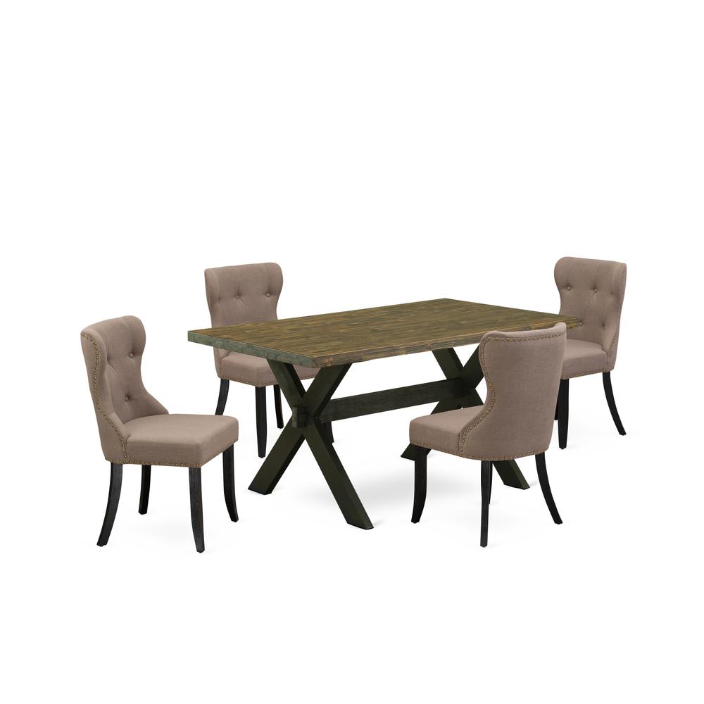 East West Furniture X676SI648-5 5-Piece Dining Set- 4 Parson Dining Chairs with Coffee Linen Fabric Seat and Button Tufted Chair Back - Rectangular Table Top & Wooden Cross Legs - Distressed Jacobean. Picture 1