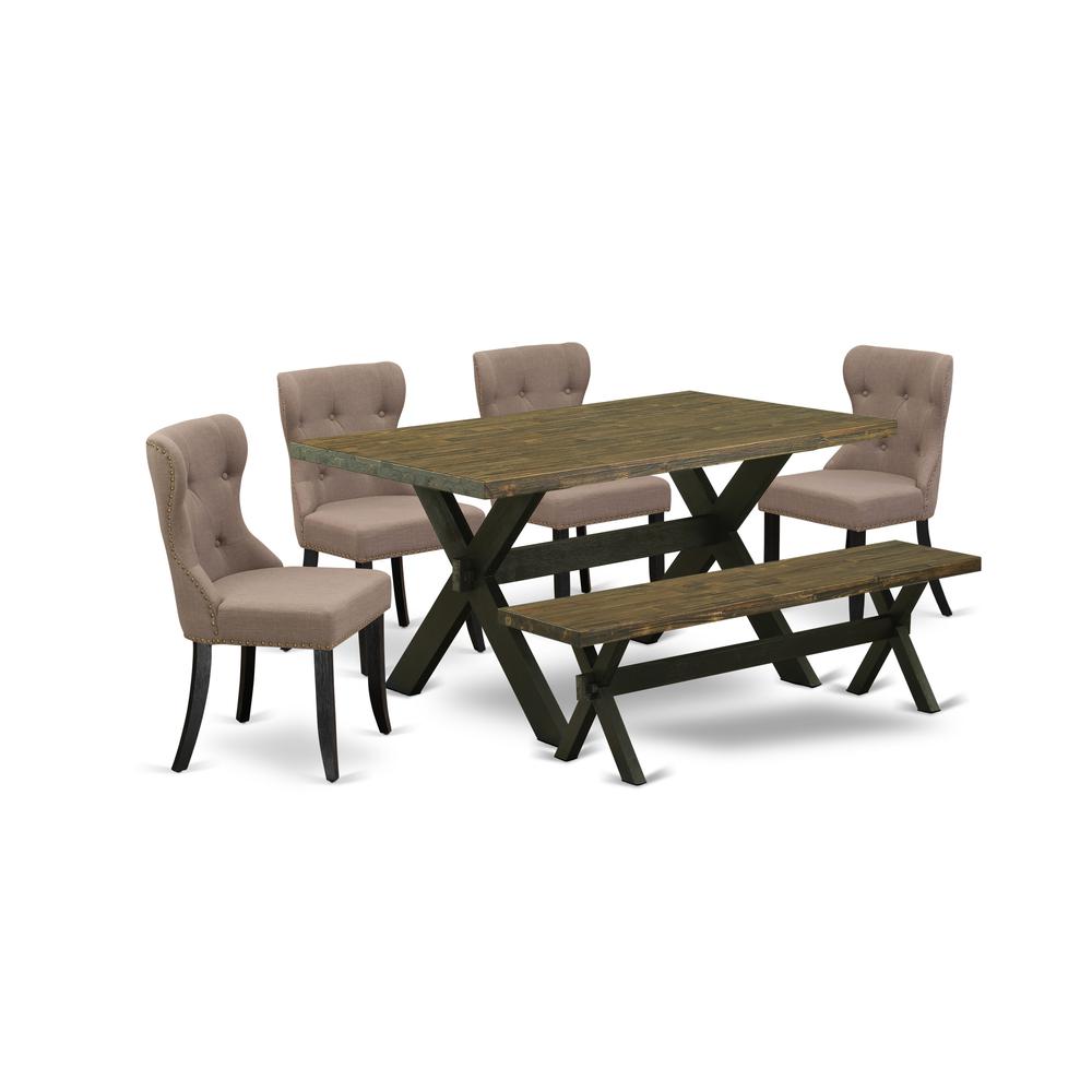 East West Furniture X676SI648-6 6-Piece Dining Table Set- 4 Mid Century Dining Chairs with Coffee Linen Fabric Seat and Button Tufted Chair Back - Rectangular Top & Wooden Cross Legs Dining Table and. Picture 1