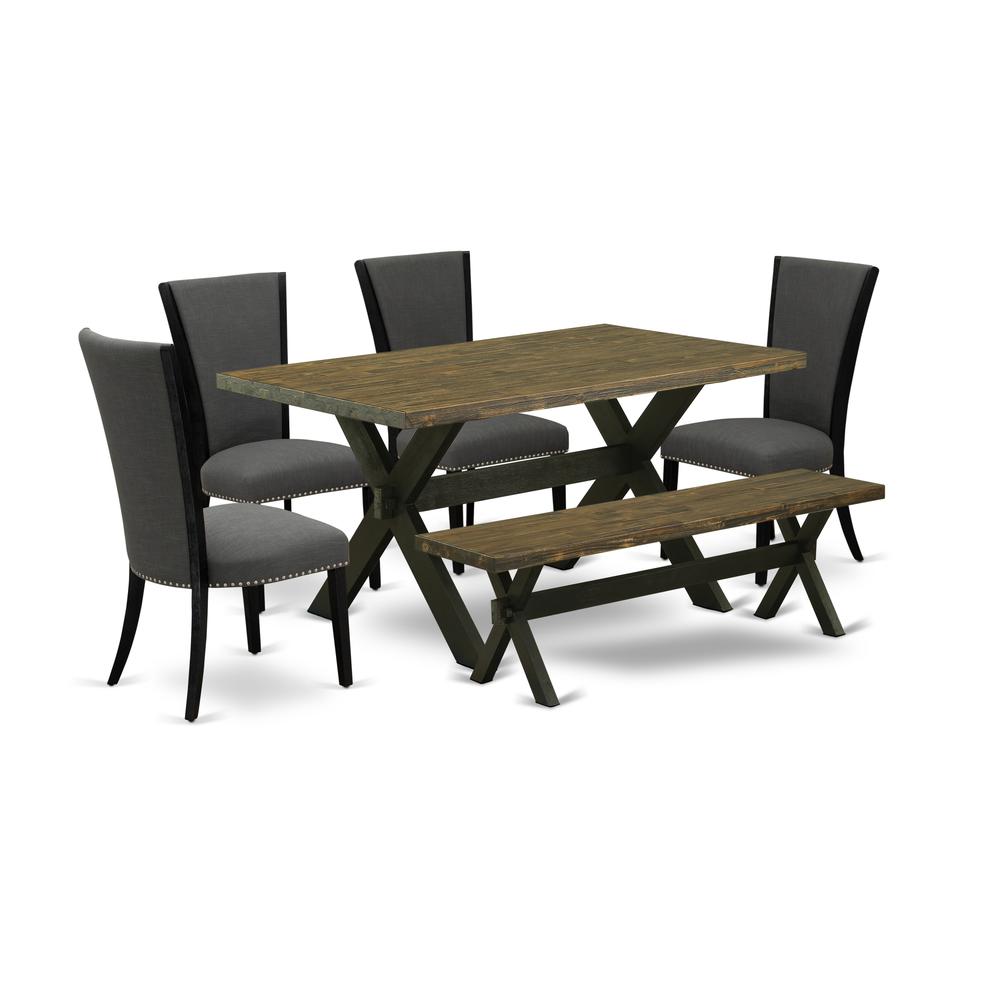 East West Furniture X676VE650-6 6 Piece Kitchen Table Set - 4 Dark Gotham Grey Linen Fabric Dining Chair with Nailheads and Distressed Jacobean Mid Century Dining Table - 1 Wood Bench - Black Finish. The main picture.
