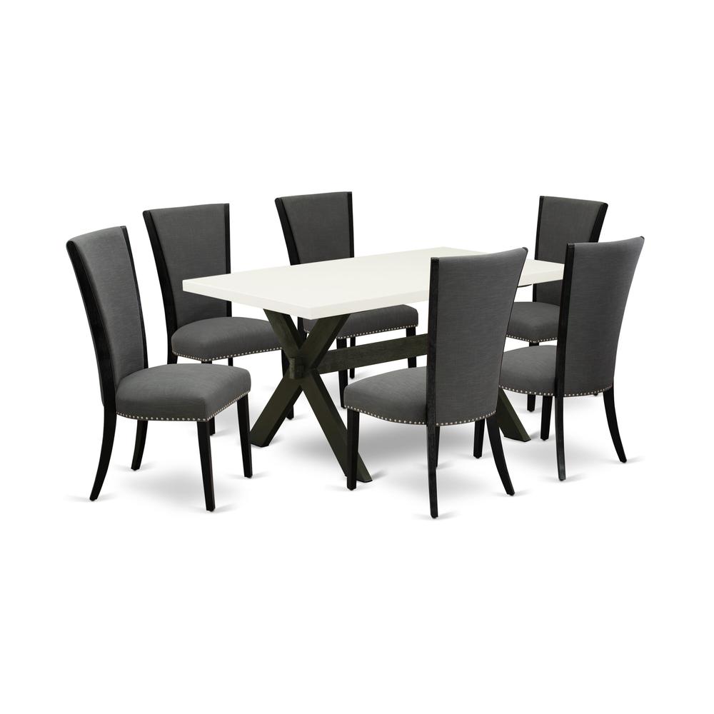 East West Furniture 7 Pc Dinette Set Includes a Distressed Jacobean Wood Table and 6 Dark Gotham Grey Linen Fabric Modern Dining Chairs with High Back - Wire Brushed Black Finish. Picture 2