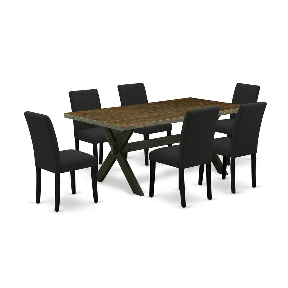 East West Furniture 7-Pc Kitchen Table Set Includes 6 Parson dining chairs with Upholstered Seat and High Back and a Rectangular Wooden Dining Table - Black Finish. Picture 1
