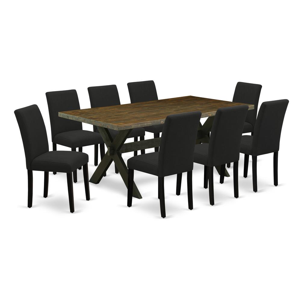 East West Furniture 9-Piece dining room table set Includes 8 Parson dining chairs with Upholstered Seat and High Back and a Rectangular Dining Table - Black Finish. Picture 1