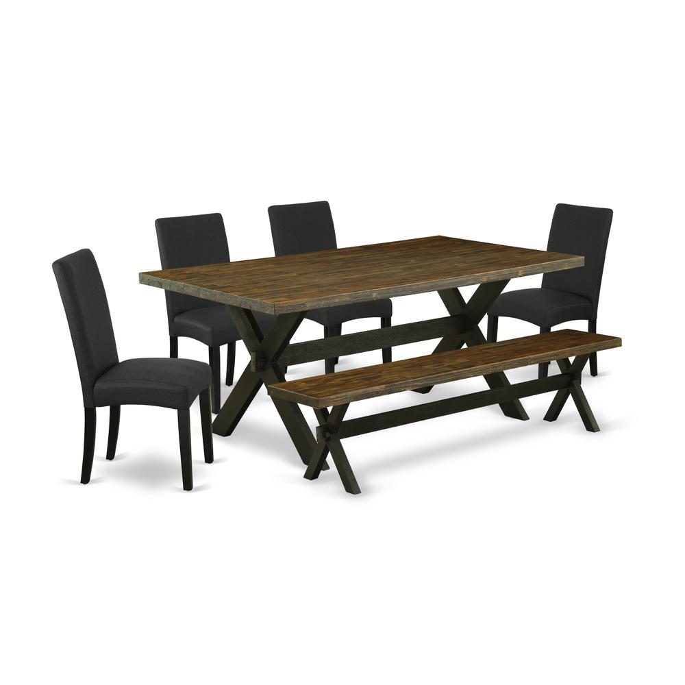 East West Furniture X677DR124-6 6-Pc Dinette Set- 4 Dining Chairs with Black Linen Fabric Seat and Stylish Chair Back - Rectangular Top & Wooden Cross Legs Wood Dining Table and Dining Room Bench - Di. Picture 1